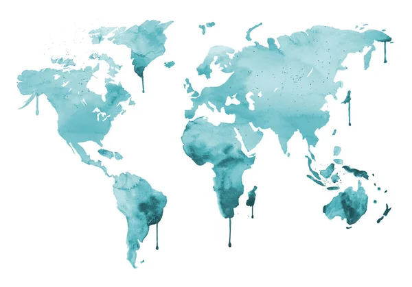 Aquamarine παγκόσμιος χάρτης. Αφηρημένη μπλε τοπογραφία τέχνης. Εικόνα υδατογραφίας που απομονώνεται σε λευκό φόντο. — Φωτογραφία Αρχείου