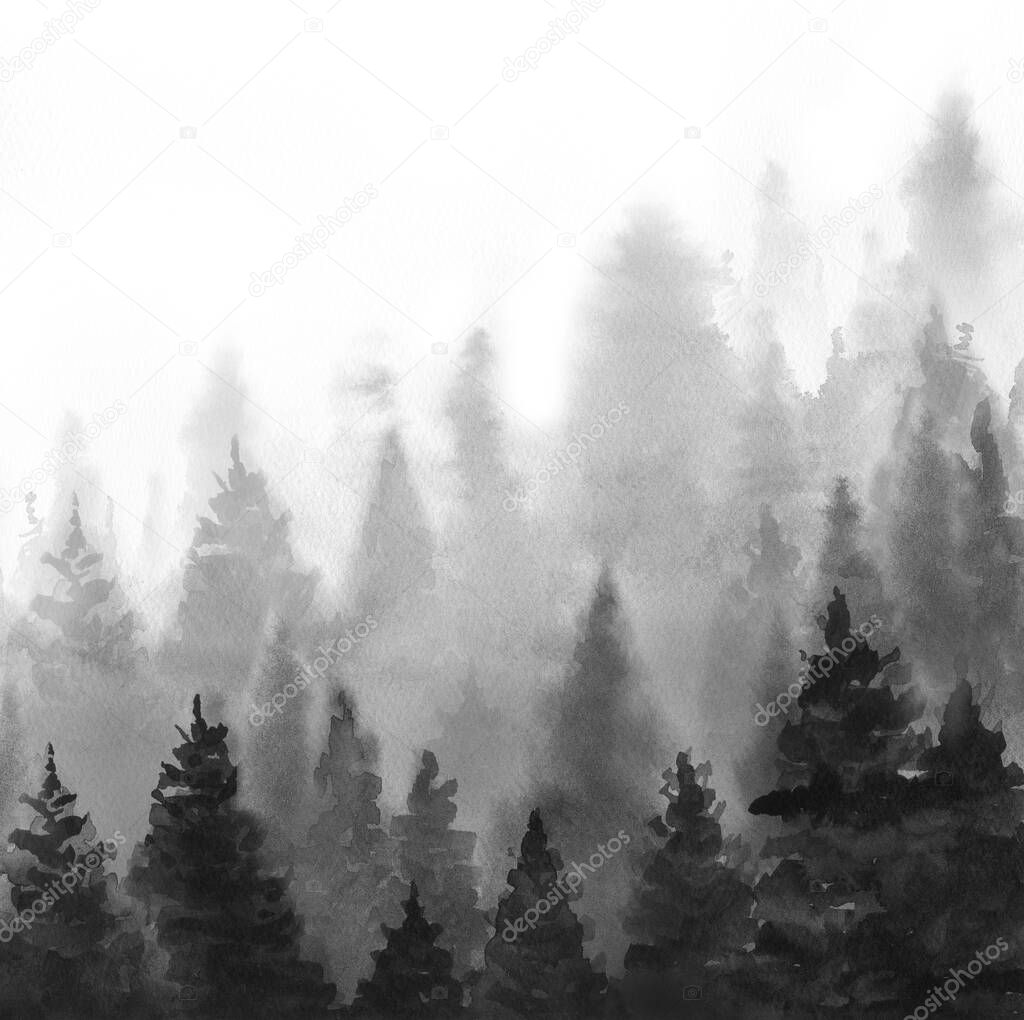 Foggy monochrome forest. Minimalist landscape. Watercolour illustration on white background.