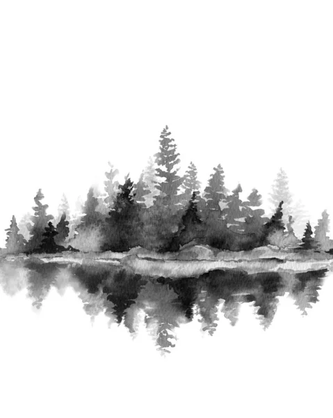 Island with black foggy trees. Monochrome landscape. Minimalist illustration. Watercolour isolatedon white background. — Stock Photo, Image