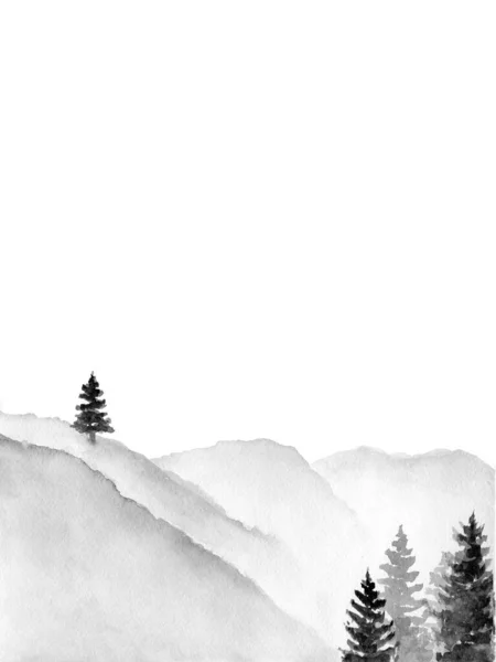 Minimalistische Landschaft. Berge und Bäume. Monochrome Hügel. Aquarell auf weißem Hintergrund. — Stockfoto