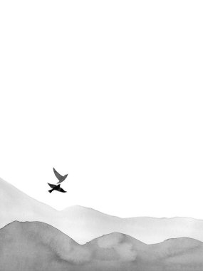 Tepeler ve kuşlar. Minimalist manzara manzarası. Beyaz arkaplanda suluboya çizimi.