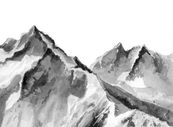 Monochrome mountains. Minimalist landscape. Grey nature view. Black and white peaks. Design for poster, calendar, wallpaper, card, postcard, mural. Watercolour illustration on white background.