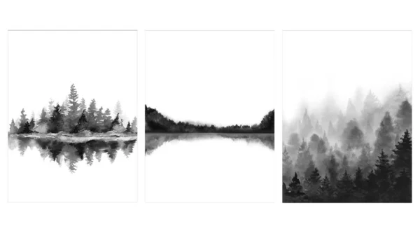 미니멀리즘적 인 단색 풍경. 안개낀 검은 숲. 포스터, 달력, 벽지, 카드, 엽서, 벽화를 위한 디자인. 흰색 배경에 분리 된 워터 컬러 삽화. — 스톡 사진