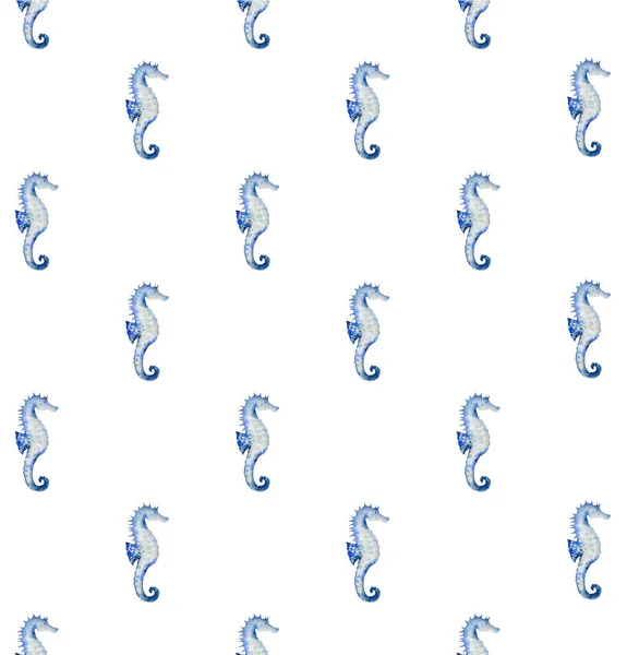 Υδατογραφία με μπλε ιππόκαμπους. Σχεδιασμός για μαξιλάρι, κουρτίνες ντους, ύφασμα. Εικονογράφηση σε λευκό φόντο. — Φωτογραφία Αρχείου