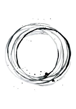 Etrafında lekeler olan siyah soyut bir çember. El çizimi daire. Posterler için minimalist tasarım, tekstil deseni. Suluboya çizimi beyaz arkaplanda izole edildi.