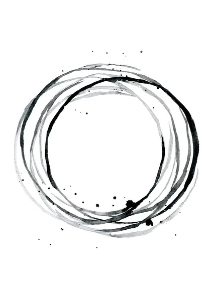 Cerchio astratto nero con schizzi intorno. Cerchio disegnato a mano. Design minimalista per manifesti, motivo tessile. Illustrazione ad acquerello isolata su sfondo bianco. — Foto Stock