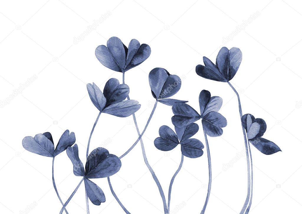 Blue plant set. Abstract plants. Clover leaves. Watercolour illustration on white background.