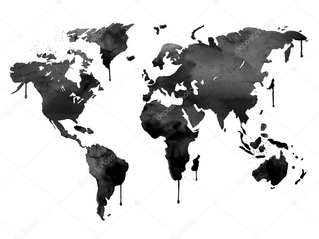 Black watercolour world map smudges of paint. .Abstract illustration isolated on white background.