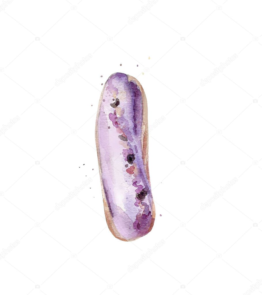 Lavender eclair. Watercolour pastry. Painted desert. Food illustration isolated on white background.
