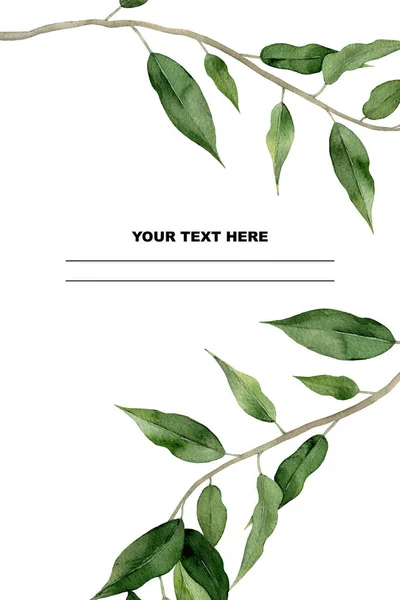 Aquarell Ficus Blätter Rahmen. Entwurf für eine Grußkarte, Hochzeitseinladung, Postkarte, Karte, Notizbuch. Bemalter Hintergrund mit Leerraum in der Mitte. Botanische Illustration auf weiß. — Stockfoto