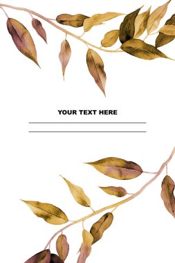 Yeşil incir dalları çerçevesi. Selamlaşma için suluboya bitki tasarımı, düğün davetiyesi, kartpostal, kart, defter. Ortasında boşluk olan boyalı bir arkaplan. Beyazın Botanik Çizimi.