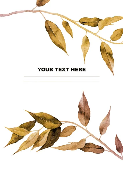 Gold autumn branches frame. Design for a greeting, wedding invitation, postcard, card, notebook in autumn mood. Plant border with empty space in the middle. Watercolour Illustration on white — Stock Photo, Image