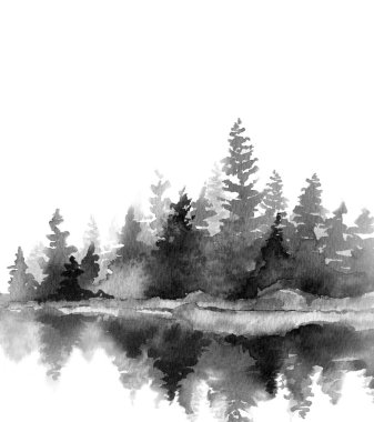 Tek renkli suluboya manzara. Suda ağaçlar olan bir ada. Takvim, kart, kartpostal, web sitesi geçmişi, poster tasarımı. Beyaz arkaplanda en az illüstrasyon.