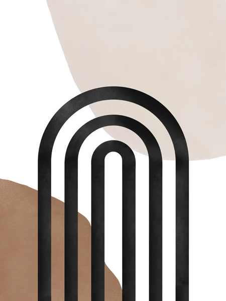 Arte geométrico moderno de mediados de siglo. Arco negro y formas abstractas marrón y beige con textura acuarela sobre fondo blanco. —  Fotos de Stock