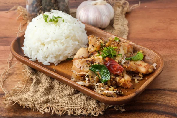 Pollo Frito Con Ajo Pimienta Con Arroz Plato Tailandés — Foto de Stock