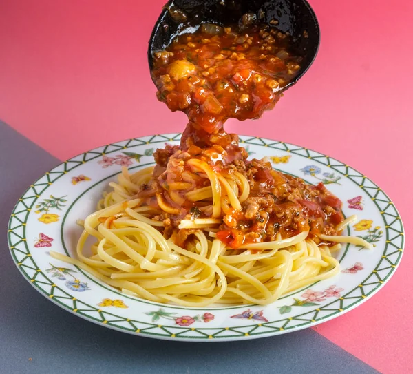 Delicious Spaghetti Bolognese Sauce Served White Squar — Stock Photo, Image