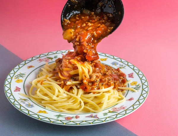 Delicious Spaghetti Bolognese Sauce Served White Squar — Stock Photo, Image