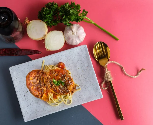 Delicious Spaghetti Bolognese Sauce Served White Squar — Stock Photo, Image