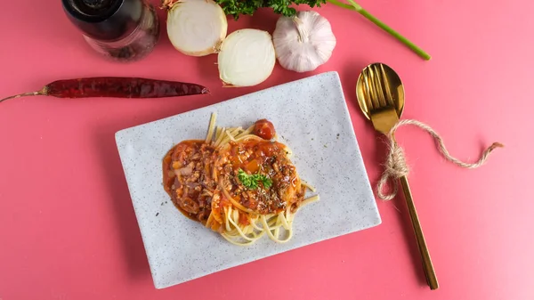 Delicious Spaghetti Bolognese Sauce Served White Squar — Stock Photo, Image