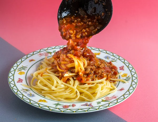 Delicious Spaghetti Bolognese Sauce Served White Squar — Stock Photo, Image