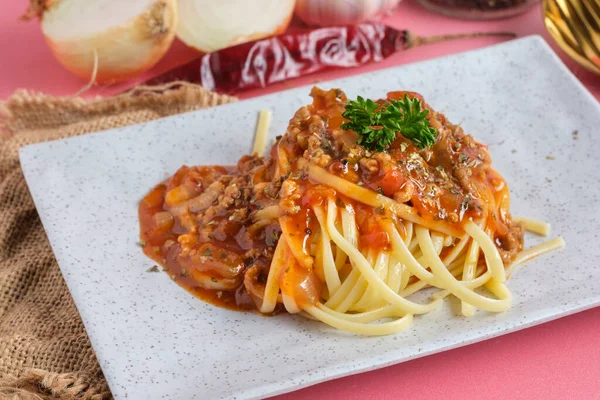 Delicious Spaghetti Bolognese Sauce Served White Squar — Stock Photo, Image