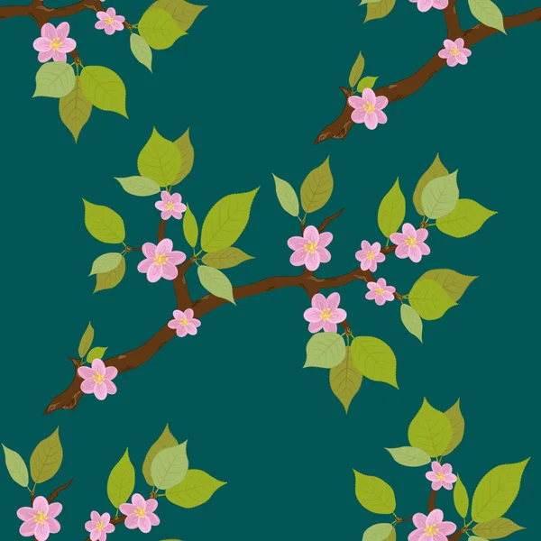 蓝绿色背景下的樱花无缝花纹 — 图库矢量图片