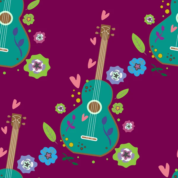 Guitarra Flores Garabato Patrón Sin Costura — Vector de stock