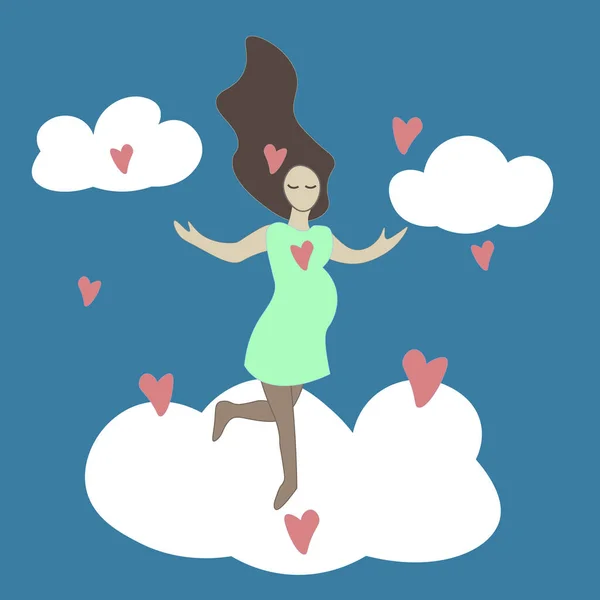 Mujer joven embarazada en las nubes y los corazones. Estilo garabato ahogado a mano. Para la tela del vestido, impresión de la camiseta, postal, pancartas . — Foto de Stock