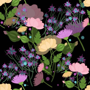 Siyah arkaplanda parlak narin çiçekler, pürüzsüz bir desen..