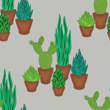 Tencerelerde sulu ve kaktüsler elle çizilmiş pürüzsüz desenler.