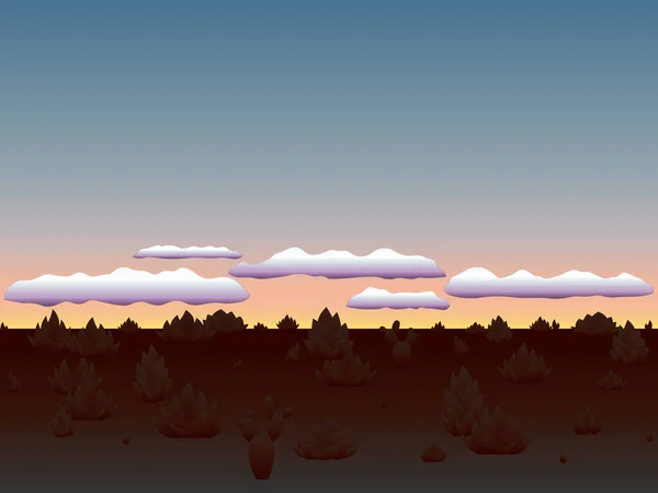 Hajnalfelhők a sivatag felett agávékkal és kaktuszokkal. Az ég napfelkelte előtt ragyog. — Stock Vector