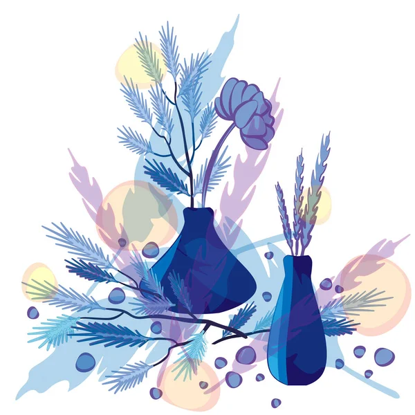 Beyaz Pürüzsüz Desende Mavi Tonda Bitkilerin Bileşimi — Stok Vektör