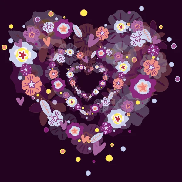 Coeur de fleurs sur un fond sombre — Image vectorielle