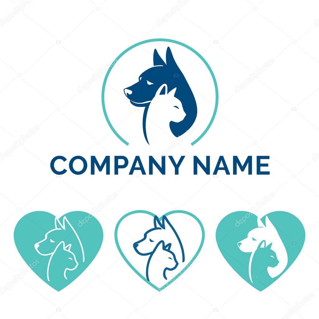Pet care logo design with dog and cat for your pet shop, pet care, veterinary clinic, etc. Vector illustration.