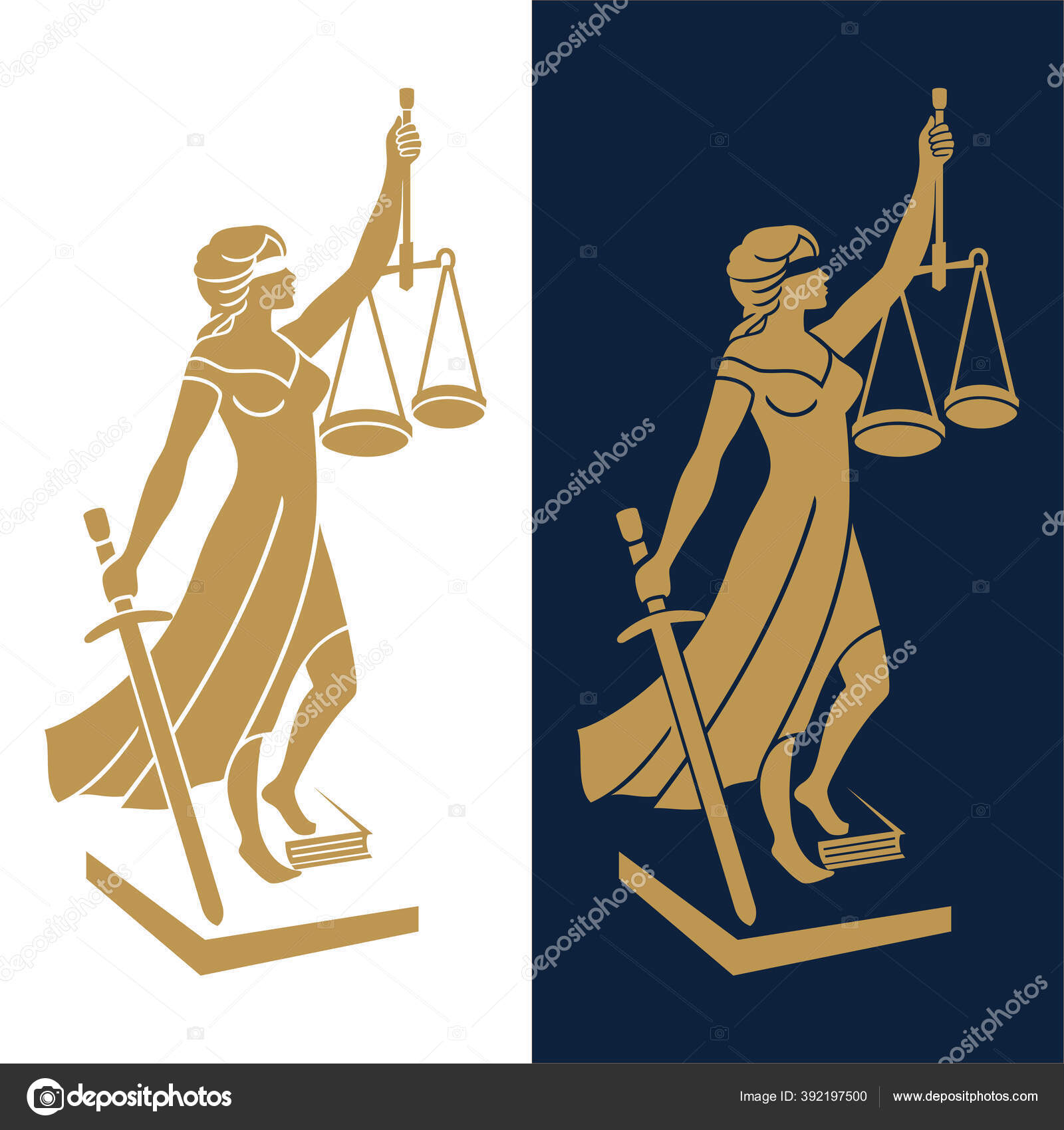 女神テミス様フェミダ様 法律事務所 弁護士 権利弁護士 ビジネス法律事務所のための白い背景にフェミダの像 スケールと剣を保持している目隠しの女性  ベクターイラスト ストックベクター ©3xy 392197500
