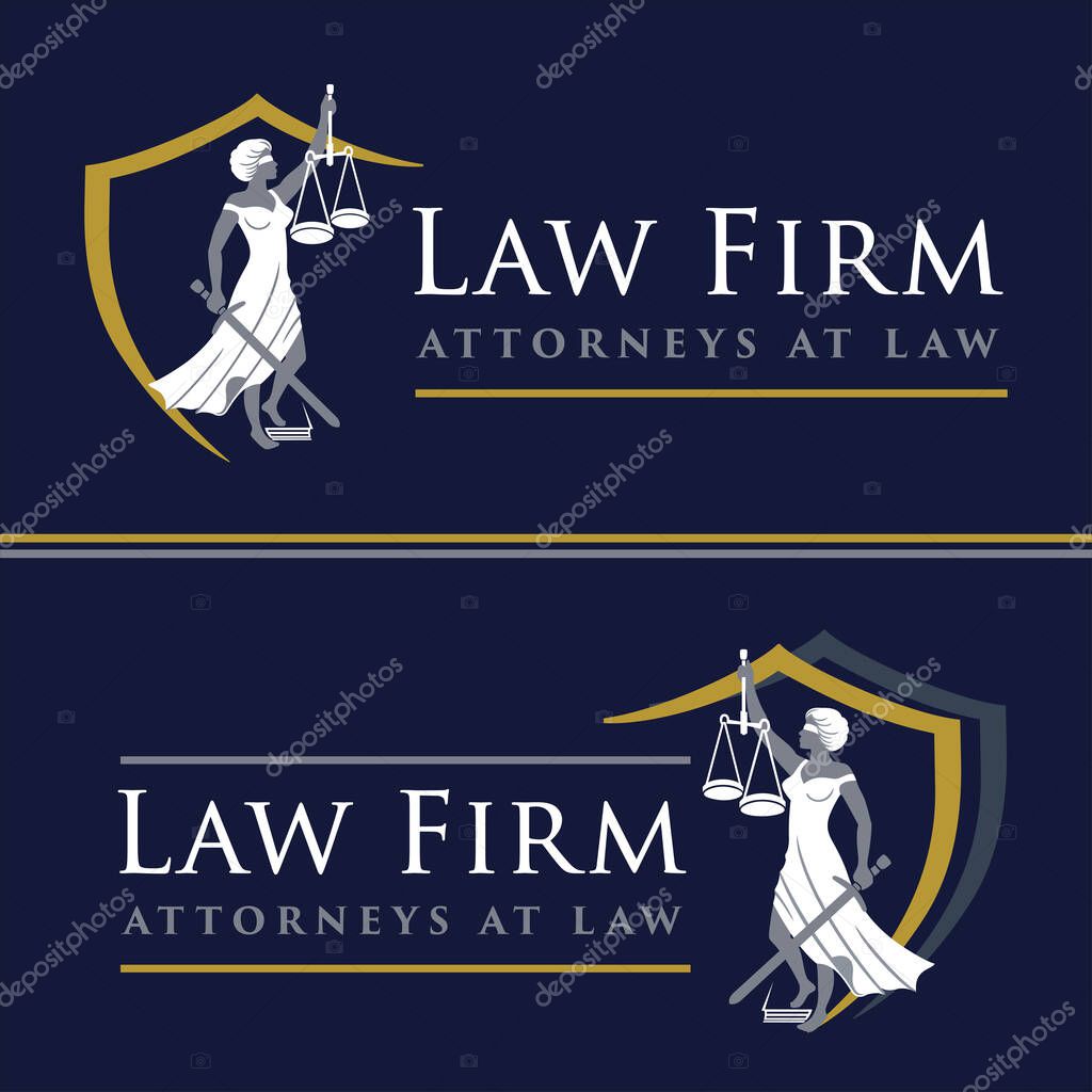 Justice Goddess Themis, lady justice. Logo design with the statue of femida on navy blue background for law firm, lawyers, rights attorneys, business law firm. Blindfold woman holding scales and sword. Vector illustration.