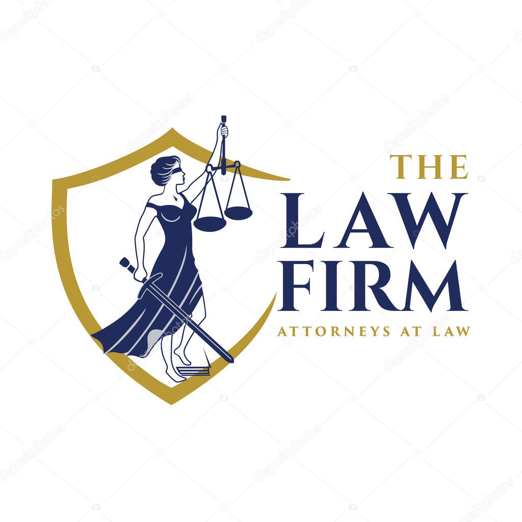 Justice Goddess Themis, lady justice. Logo design with the statue of femida on white background for law firm, lawyers, rights attorneys, business law firm. Blindfold woman holding scales and sword. Vector illustration.