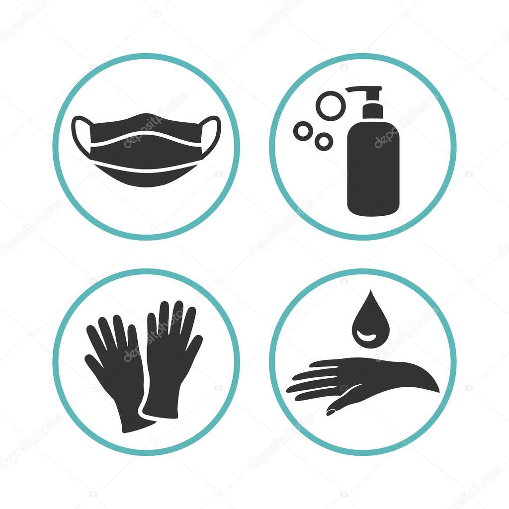 Set of medical icon personal protective equipment and personal care. Medical protective face mask, soap gel bottle sanitizer, rubber gloves, disinfection hands. Design emblems in simple, clean style. Vector illustration.