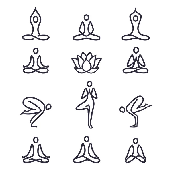 Yoga simgeleri ve logoları - spa merkezi, fitness veya yoga stüdyosu yogası için ana hatlı tasarım elemanları. Çizgi simgeleri ve sembolleri. Vektör illüstrasyonu.