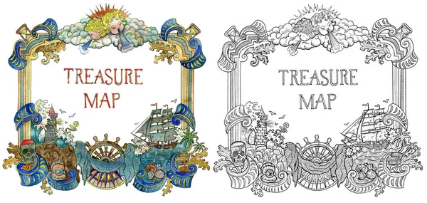Colorful and monochrome nautical frames with marine and pirate symbols isolated on white. Pirate adventures, treasure hunt and old transportation concept. Hand drawn colorful illustration, vintage background
