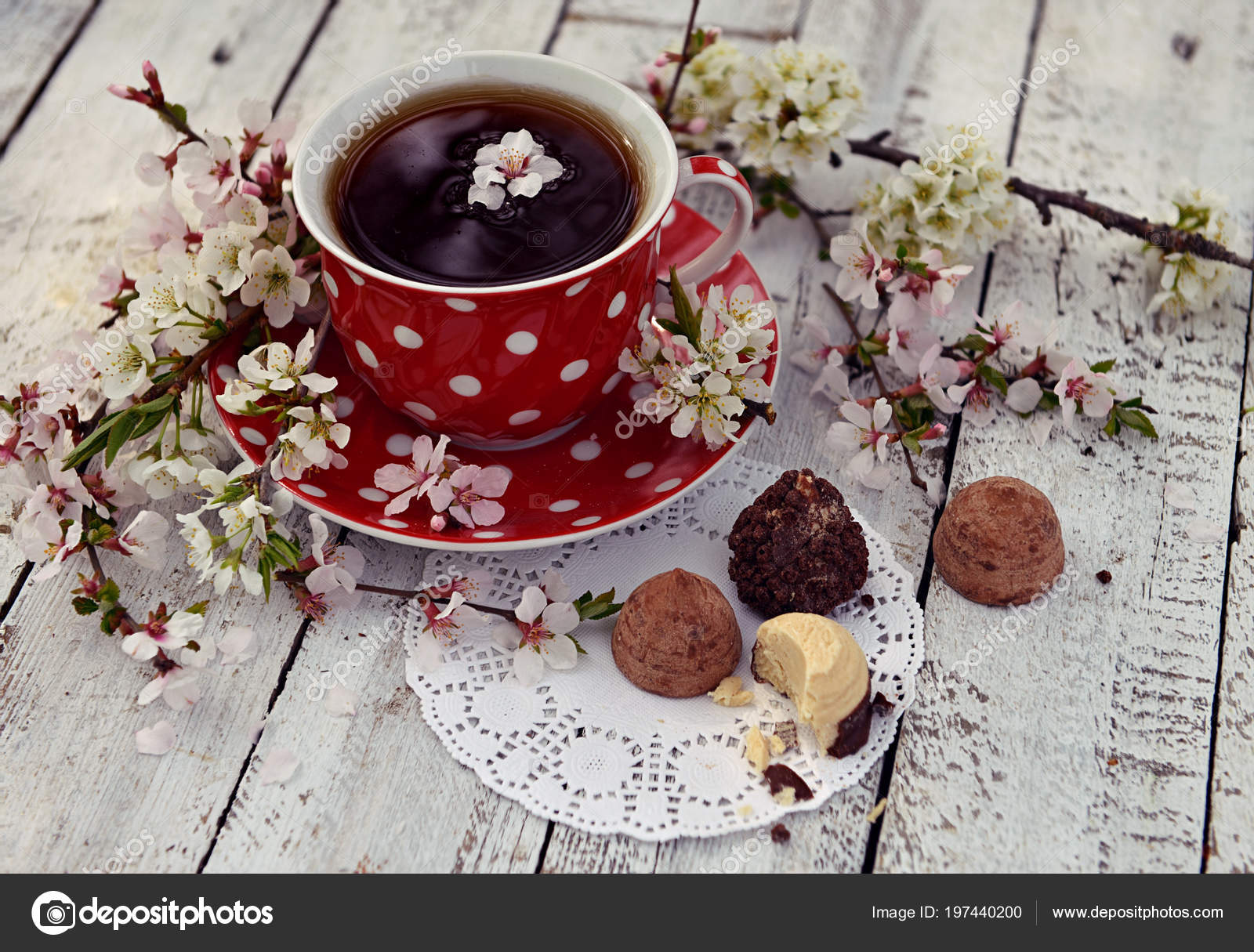 Red Cup Tea Flowers Chocolates Planks Spring Still Life Beautiful Stock Photo Image By C Samiramay 197440200