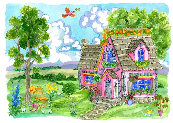 Old cottage with beautiful garden, flowers and chair. Vintage country background with summer rural landscape, garden and cute house, hand painted watercolor illustration