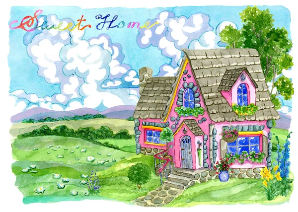 Cute pink cottage with garden flowers against grassland. Vintage country background with summer rural landscape, garden and cute house, hand painted watercolor illustration
