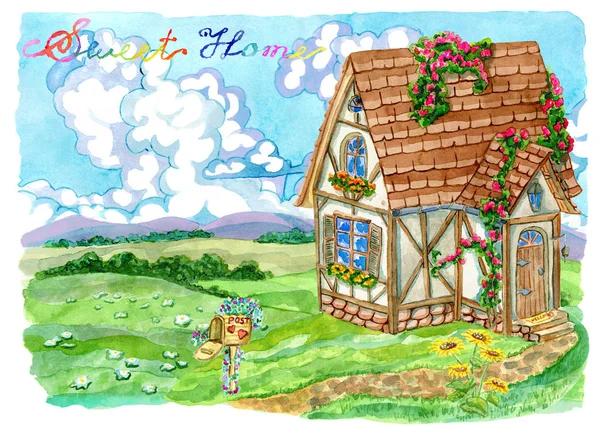 Summer landscape with fachwerk cottage, post box, green field, sky with clouds and lettering. Vintage country background with summer rural landscape, garden and cute house, hand painted watercolor illustration
