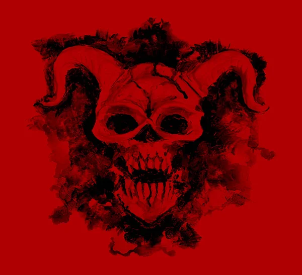 Black devil skull on red background. Death symbol, black magic concept. Occult, esoteric and Halloween illustration