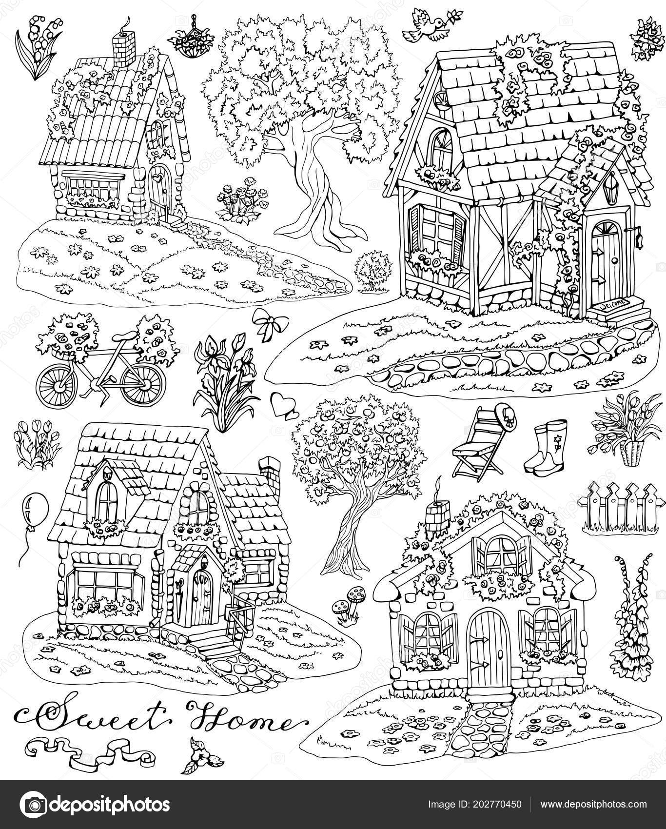 Coloring Page Cute Country Cottages Trees Flowers Garden Objects