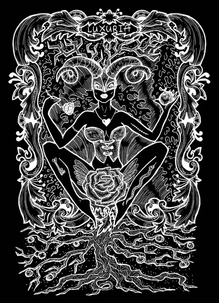 Lust. Latin word Luxuria means sexual desire. Seven deadly sins concept, white silhouette on black background. Hand drawn engraved illustration, tattoo and t-shirt design, religious symbol