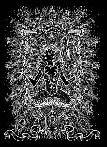 Pride. Latin word Superbia means Vanity. Seven deadly sins concept, white silhouette on black background. Hand drawn engraved illustration, tattoo and t-shirt design, religious symbol