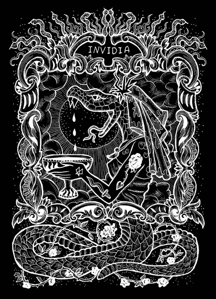 Envy. Latin word Invidia means Jealousy. Seven deadly sins concept, white silhouette on black background. Hand drawn engraved illustration, tattoo and t-shirt design, religious symbol