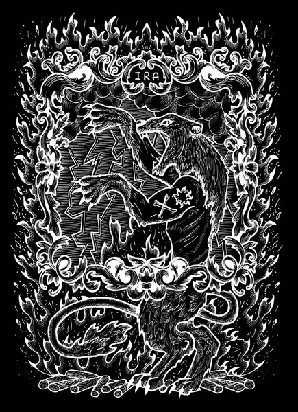 Wrath. Latin word Ira means Anger. Seven deadly sins concept, white silhouette on black background. Hand drawn engraved illustration, tattoo and t-shirt design, religious symbol